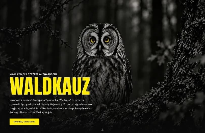 Landing page powieści „Waldkauz” Szczepana Twardocha — czarno-biała sowa w ciemnym lesie i żółty tytuł na całą szerokość ekranu.