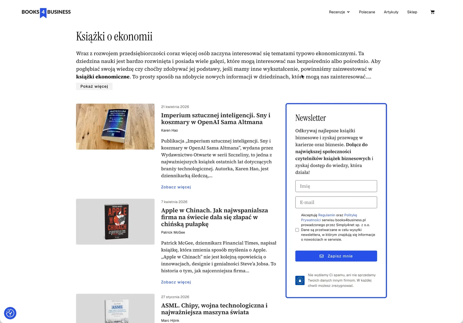Stara strona kategorii „Książki o ekonomii”: długi opis SEO i lista recenzji z miniaturami, obok formularz newslettera.
