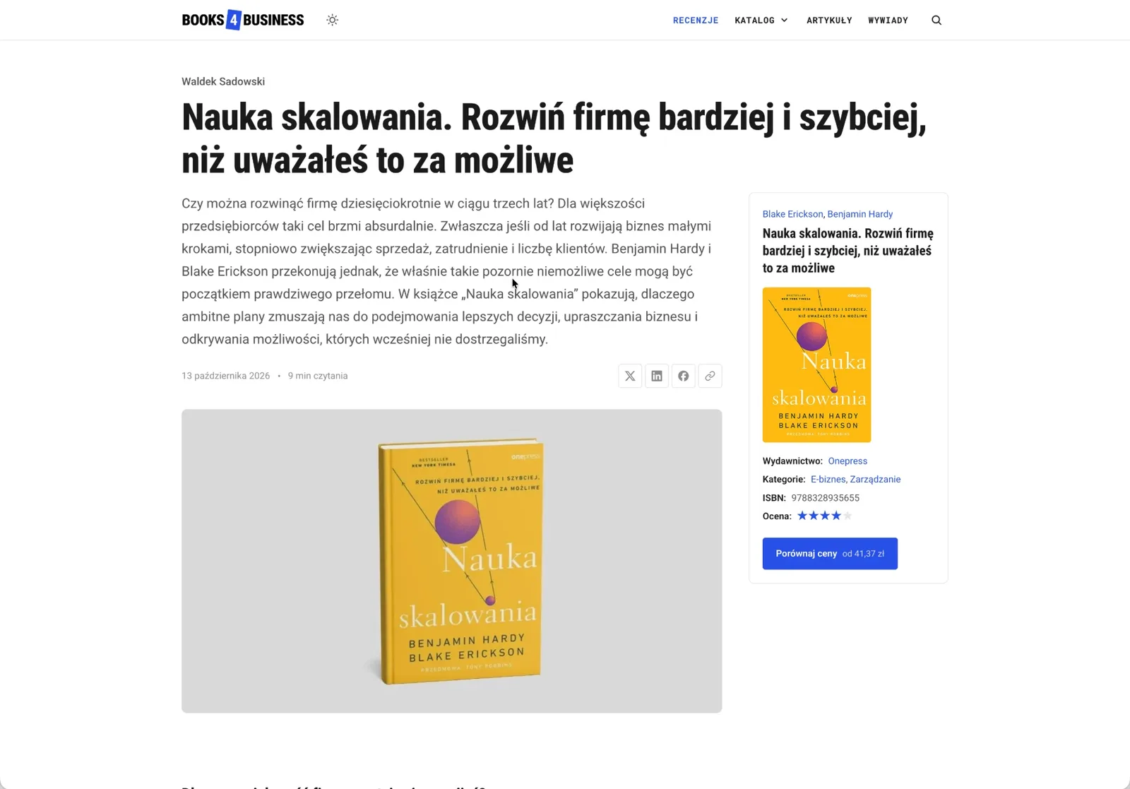Nowa strona recenzji: autor, tytuł i wstęp z czasem czytania, a obok karta książki z wydawnictwem, kategoriami, ISBN, oceną i porównaniem cen.