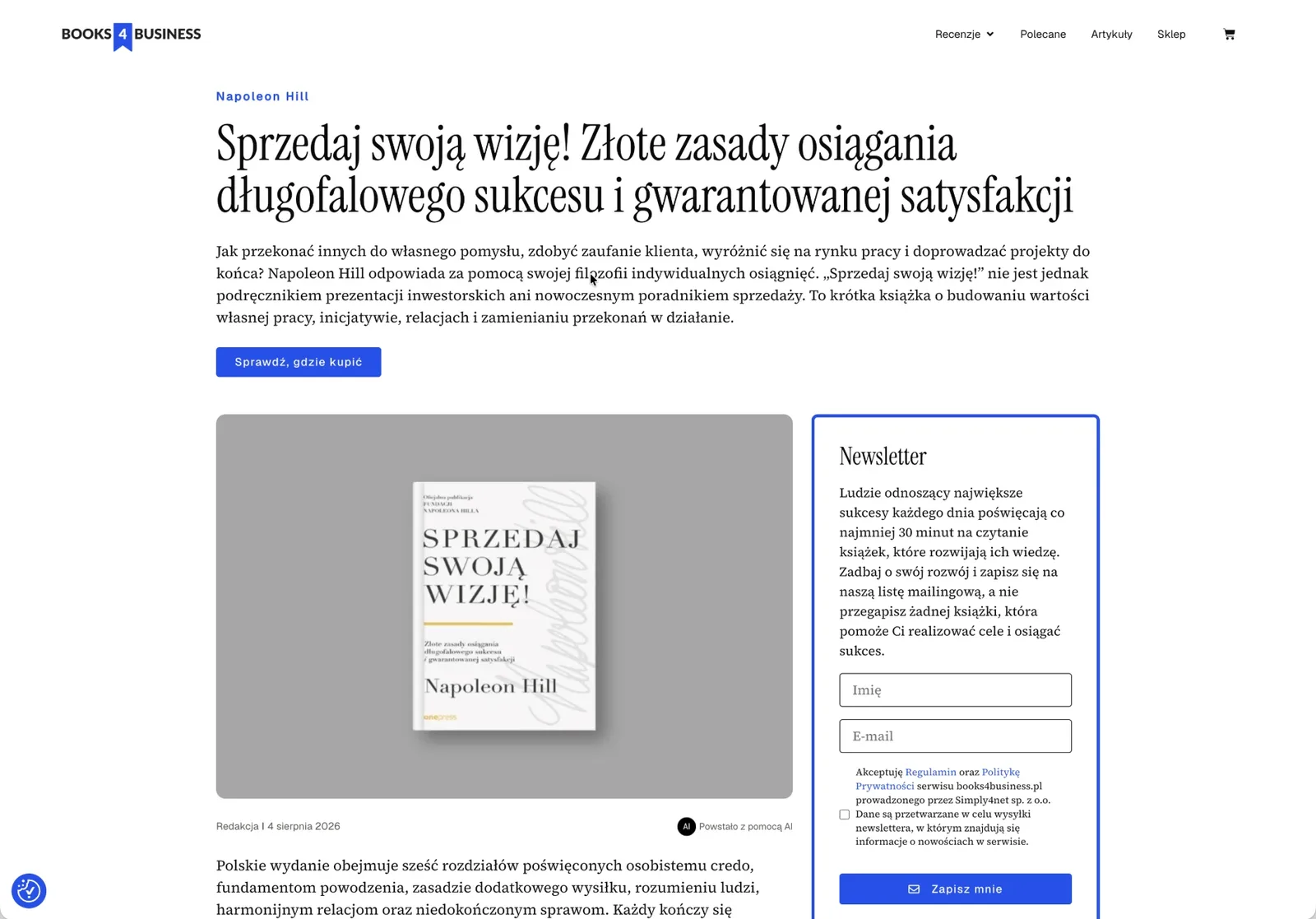 Stara strona recenzji: tytuł, wstęp, przycisk „Sprawdź, gdzie kupić” i okładka, a obok rozbudowany formularz newslettera.