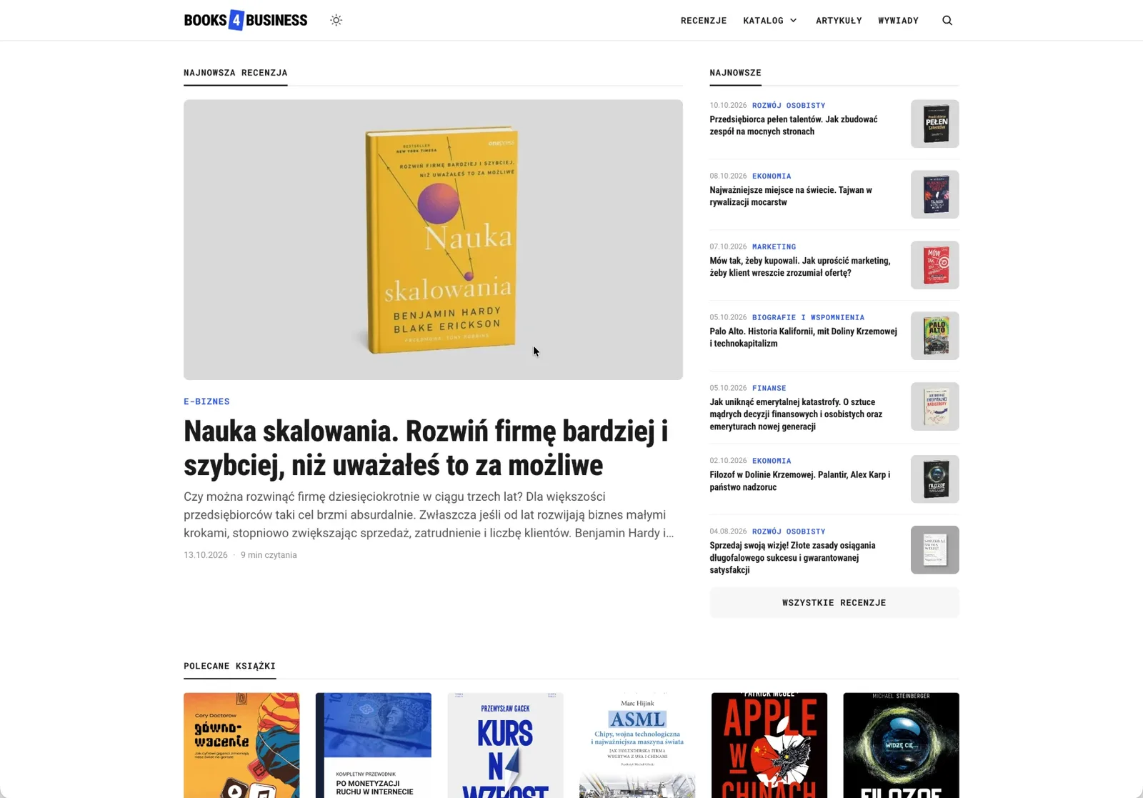 Nowa strona główna Books4business.pl: najnowsza recenzja z dużą okładką, obok lista najnowszych wpisów z datą i kategorią, niżej polecane książki.