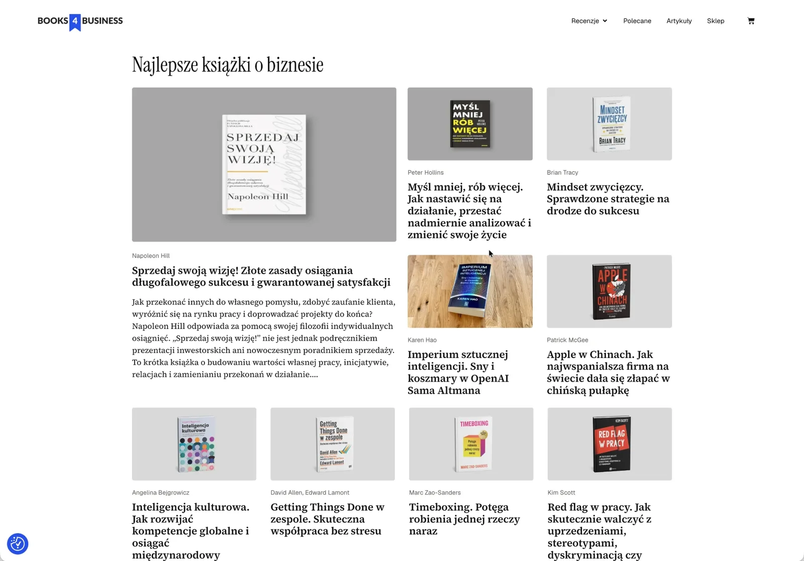 Stara strona główna Books4business.pl na WordPressie: duży kafel z jedną recenzją i siatka okładek z długimi tytułami pisanymi szeryfową czcionką.