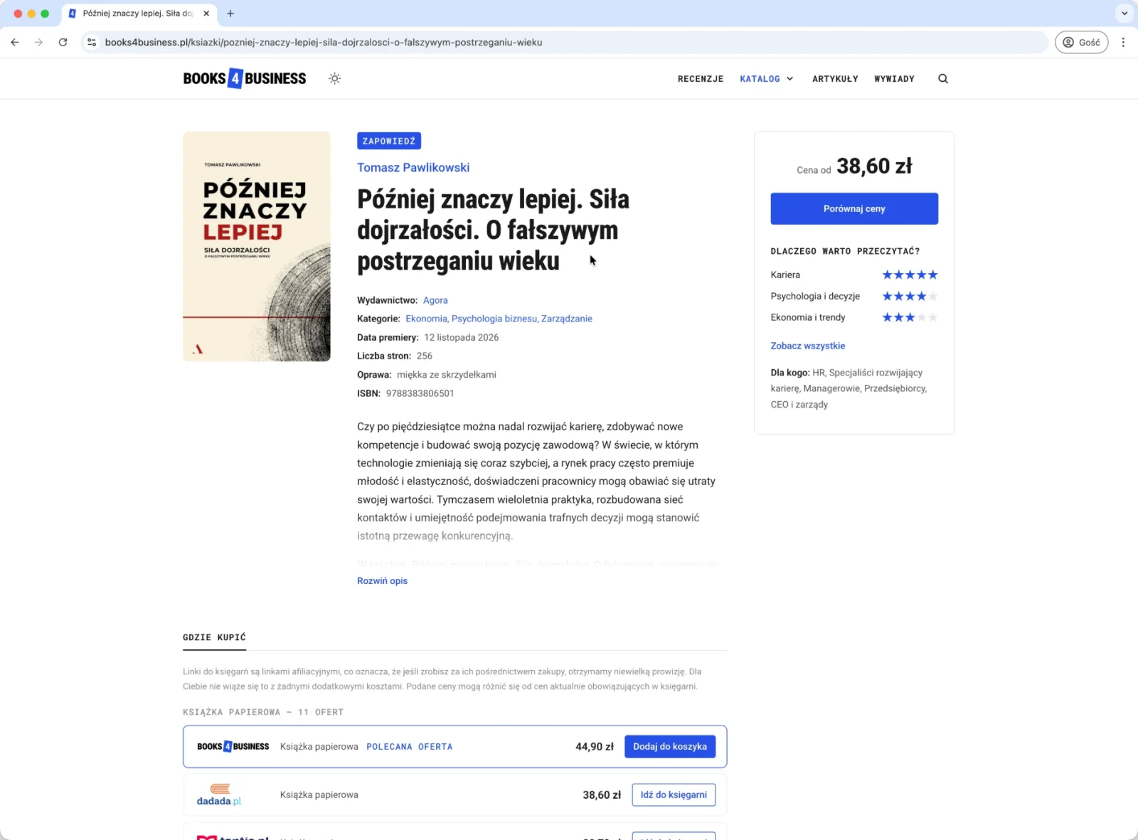 Karta książki w serwisie Books4business.pl: okładka, opis, oceny w kategoriach i porównanie cen w księgarniach.